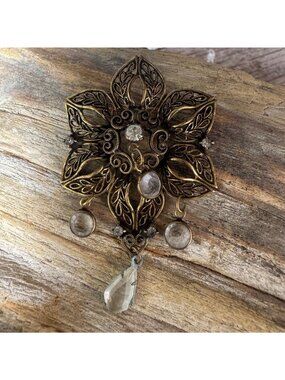 Hobe Brooch Pin Gold Tone Filigree Floral Dangle Rhinestone 3” Vintage Signed